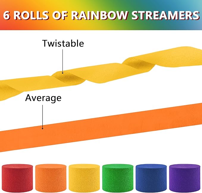Crepe Paper Streamers 6 Rolls Rainbow Streamers 2.2 Inches 738 Feet, Streamers Party Supplies for Birthday, Wedding, Baby Shower, Bachelorette Party, Graduations Decorations, DIY Crafts