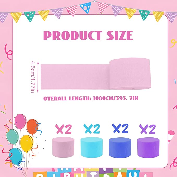 Blue Pink Crepe Paper Streamer 8 Rolls 32ft Cartoon Birthday Party Supplies Purple Backdrop Baby Shower Wedding Decorations(1.77inx32ft)