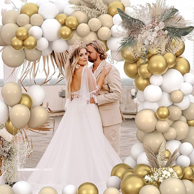 Archloon White Sand Gold Balloons Garland Arch Kit,192PCS White Nude Balloons with Metallic Chrome Gold Latex Balloons for Birthday Decorations