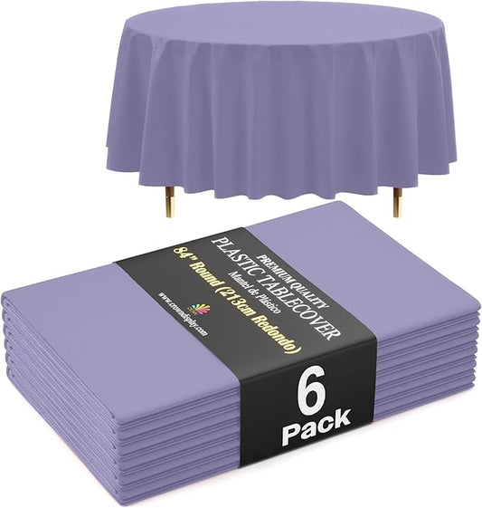 Exquisite 66% Thicker Premium Lavender Round Tablecloth 0.5 Mil 6 Pack Plastic Table Cloth Disposable 84 Inch Round Plastic Tablecloth Won't Tear Easily Like Cheap Thin Brands