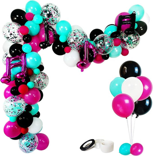 Music Notes Party Decorations, Karaoke Balloon Garland & Arch Kit, White, Rose Red, Seafoam Blue, Black Latex Balloons Confetti Balloon Musical Note Foil Balloon Strip Set for Birthday Party Supplies