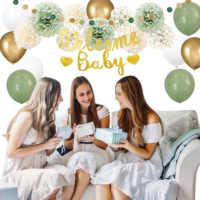 Baby Shower Decorations Neutral Sage Green and Gold Party- Welcome Baby Banner,Balloons,Tissue Pom Poms,Circle Dot & Tassel Garland- Baby Gender Reveal Birthday Woodland Themes Décor