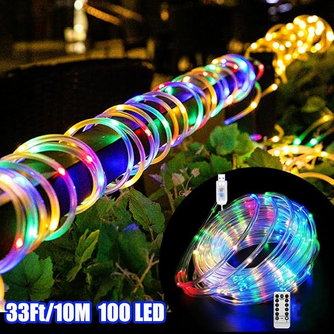 LED Rope Lights 33ft 100LED Flexible Tube Lights Connectable Fairy String Light USB Plug in Waterproof 8 Modes for Indoor Outside Home Yard Pool Wedding Garden Patio Holiday Decor