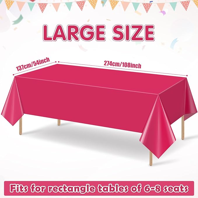 3Pcs Hot Pink Tablecloth,Disposable Plastic Tablecloths,Waterproof Hot Pink Rectangle Table Cover for Graduation Birthdays Weddings Anniversary Party Decorations,54 x 108 Inch