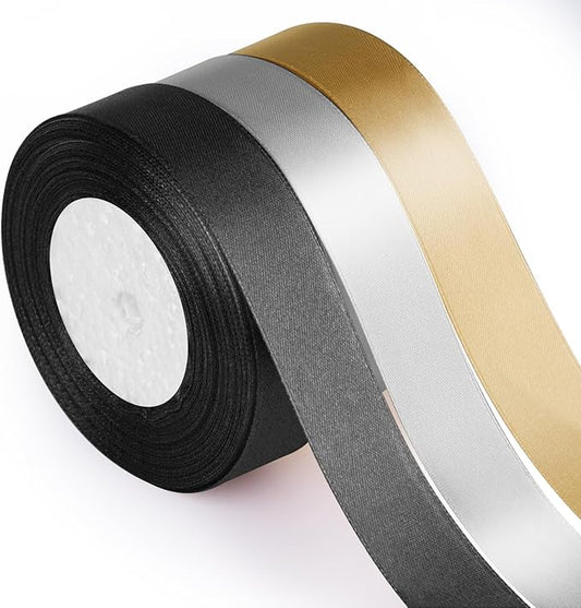 ASTARON Satin Ribbon for Crafts 1 Inch, Black Gold Solid Color Fabric Ribbon for Gifts Bouquets Wrapping DIY Hair Bows Birthday Graduation NYE Party Decorations