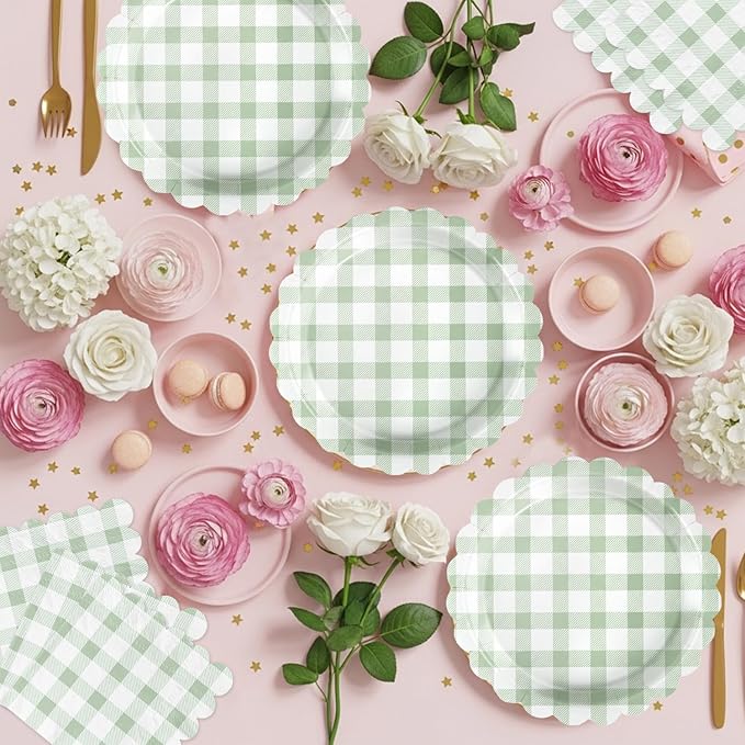 Oigco 50 Pcs Sage Green Gingham Party Supplies, Sage Green Disposable Scalloped Plates and Napkins for Wedding Bridal Shower Birthday Baby Shower, Serves 25