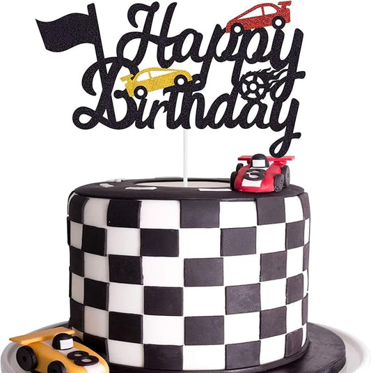 Marwey Race Car Cake Topper - Happy Birthday Cake Decor Chequered Flag Themed Party Supplies Decorations(Doubled-Sided)