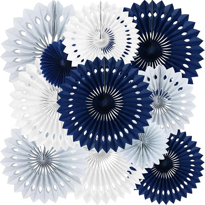 BEISHIDA Blue Gray White Tissue Hanging Honeycomb Round Paper Fans Decoration Set for Graduation Men Boy Birthday Navy Wedding Backdrop Fathers Day Baby Shower Party Supplies(11 Packs)