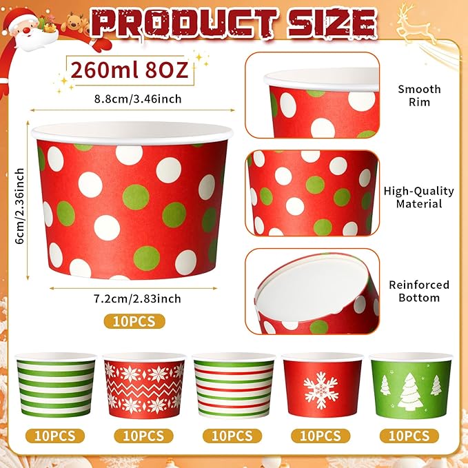 CHENGU 60 Pcs Christmas Ice Cream Cups 8oz Disposable Treat Snack Cups Red and Green Paper Bowls for Yogurt Cupcakes Soup Christmas holiday Party Supplies