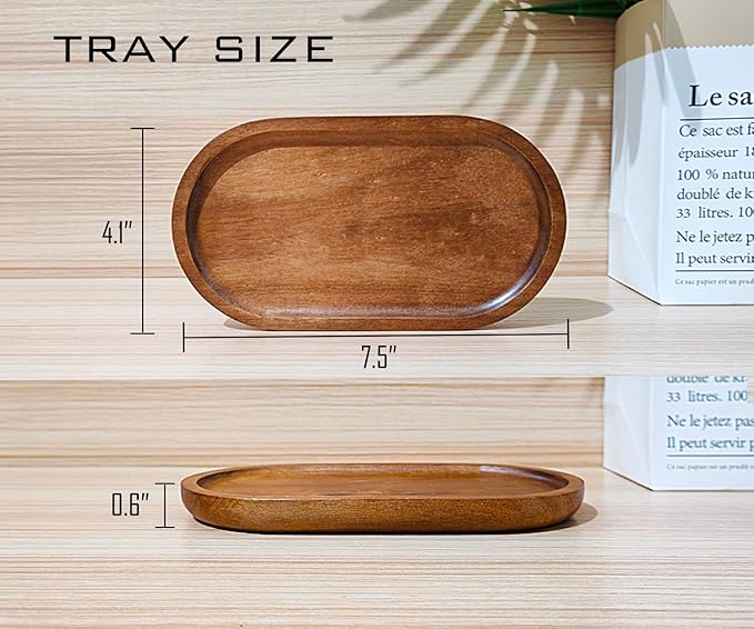 Small Wooden Tray (7.5 x 4.1 inch) 6 Pack, Oval Mini Serving Tray for Coffee Tables, Dessert, Snack, Fruit, Acacia Wood Platter for Vegetable, Decor Restaurant