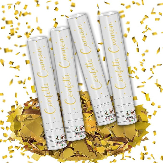 12" Gold Confetti Confetti Cannons - Party Poppers for Birthday Graduation Retirement Wedding New Year Celebrations - Easy to Use - Pack of 4