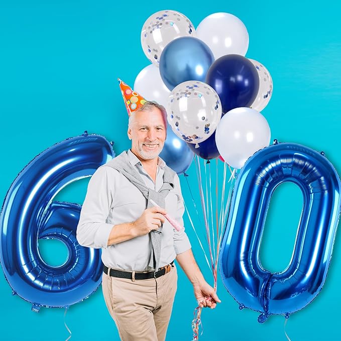 60 Balloon Number Blue, Big Number 60 Balloon Pastel Navy Dark Blue with Metallic Silver Confetti Balloon for Men 60th Birthday, Foil 40'' Self Inflating Balloon 60 for Anniversary Party Decorations
