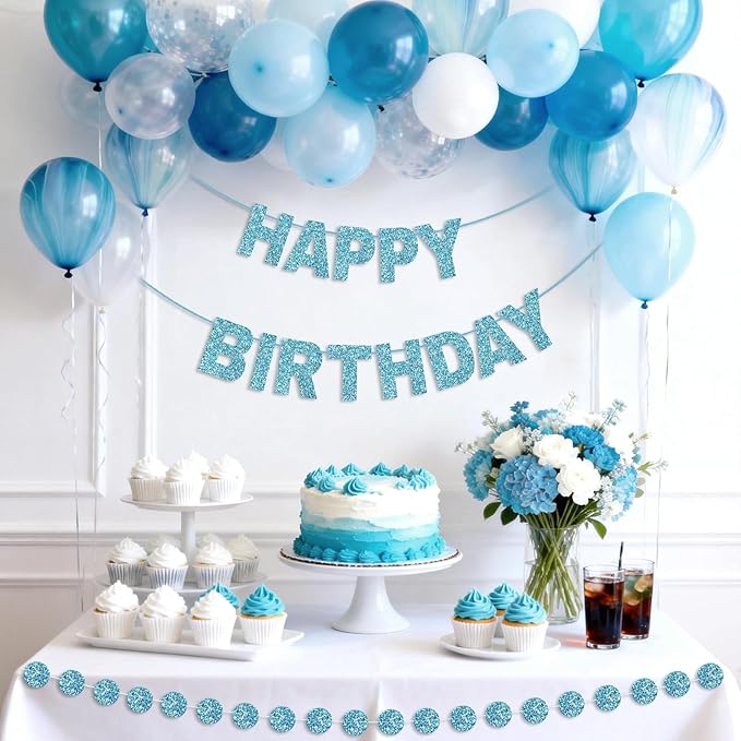GCQQ Blue Happy Birthday Banner - 3M Glitter Light Blue Pre-Strung Banners and 2.5M Circle Dots Garland No DIY Birthday Party Decorations for Boys Girls Baby Shower Kids & Adults Birthday Backdrop