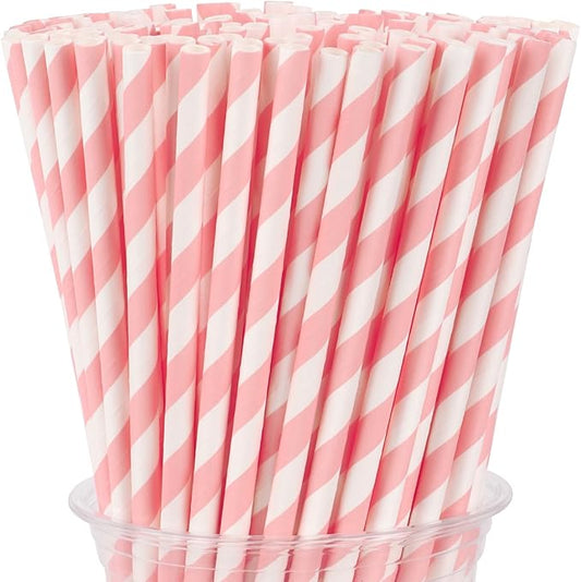 200 Pack Pink Straws Disposable Pink and White Paper Straws Biodegradable Striped Straw for Valentine's Day Christmas New Year Bridal Shower Birthday Wedding Decoration
