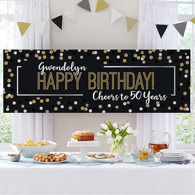 Let's Make Memories Personalized Banner - Party Decorations - Wedding, Anniversary, Engagement - Customized Banner - Celebration - Any Text - Indoor/Outdoor Vinyl - Black & Gold - 6 ft