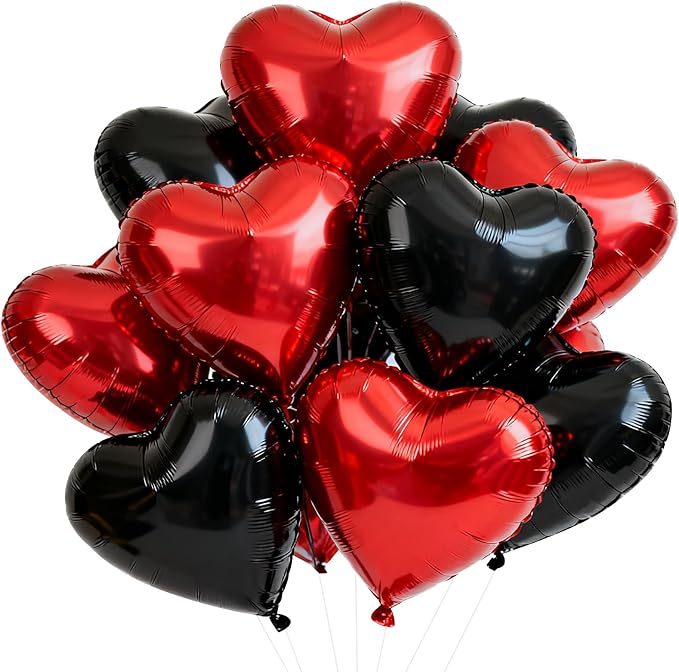 TONIFUL 30Pcs 18 Inch Red Black Heart Balloons Valentine’s Day Heart Shape Foil Mylar Balloons Decoration for Romantic Valentine's Day Wedding Bridal Shower Anniversary Engagement Party Supplies