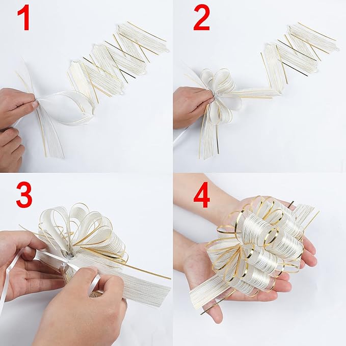 10 PCS Large Pull Bow Gift Wrapping Bows, Pull Bow with Ribbon for Wedding Gift Baskets, Party Gift Wrap Bows, Presents Decorating Bows (White)