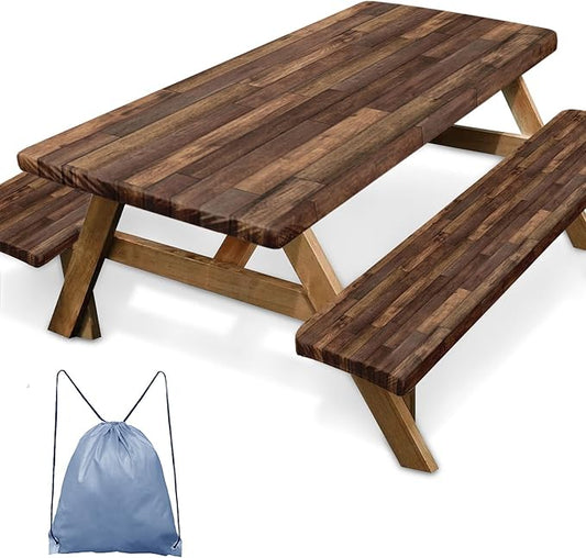 Picnic Table Cover with Bench Covers Elastic Edges, Brown Wood Fitted Table Cover, Outdoor Patio Camping Essentials 96 Inch 3PCS, Waterproof Camping Fitted Tablecloth with Drawstring Bag