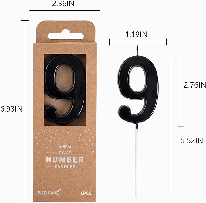 PHD Modern Black 9 Number Birthday Candles for Parties