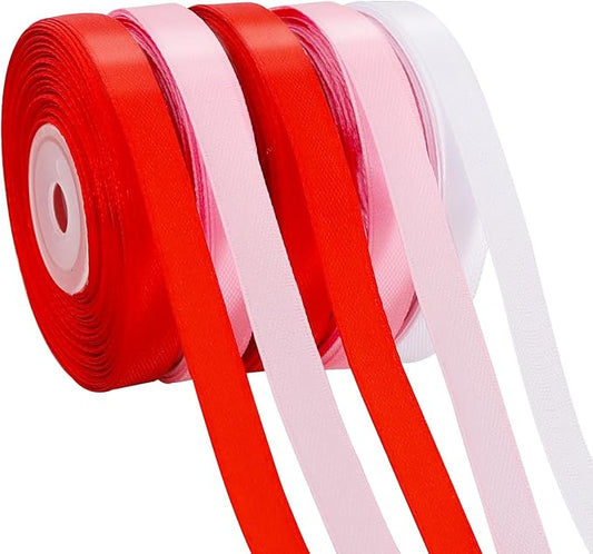 TONIFUL 5 Rolls Valentine Satin Ribbon Set - 3/8" x 25 Yards for Gift Wrapping, Crafts, Bouquet, Crafts, Bows Making, Wedding, Anniversary, Christmas Party Decoration (Red, Pink & White)