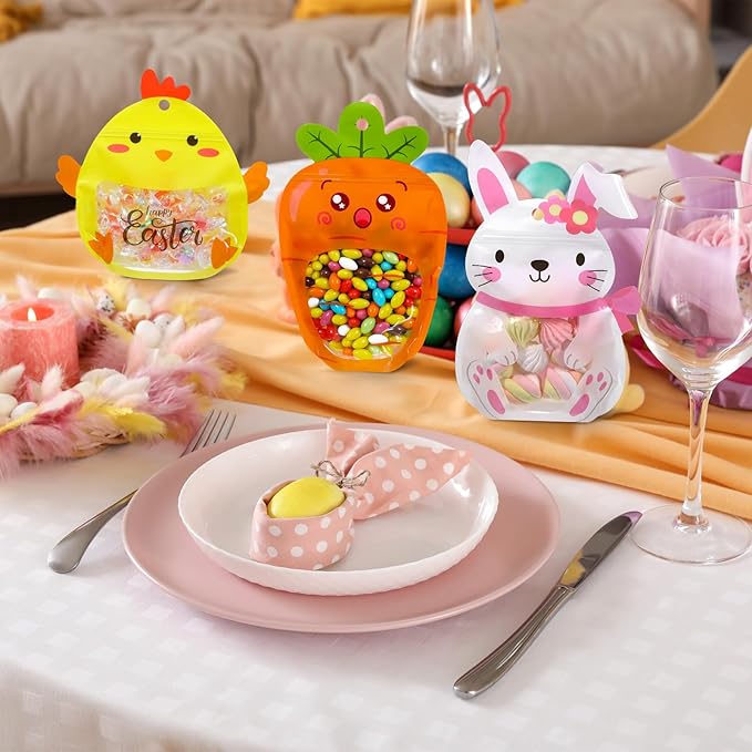 Resurhang 60 Pcs Easter Treat Bags Candy Zipper Cute Bunny Carrot Chick Food Goodie Gifts Bags Resealable Easter Rabbit Snack Containers with Handle for Some Bunny Is One Baby Shower Party Supplies
