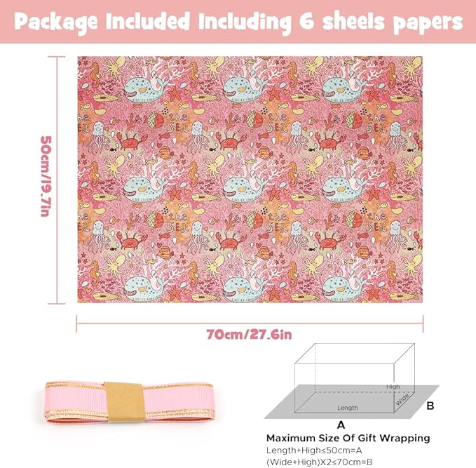 Under the Sea Wrapping Paper for Girls Kids Boys, 6 Sheets Pink Ocean Coral Sea Star Crab Octopus Whale Beach Coastal Gift Wrap Paper, 20 x 28 inch Per Sheet Gift Paper for Birthday, Baby Shower