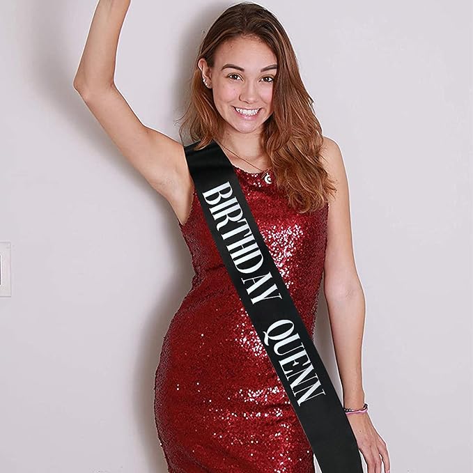 Birthday Queen Sash, Silver Foil Black Birthday Sash for Women 21st 30th 40th 50th 60th 70th Fun Birthday Party Favors Gifts Decorations