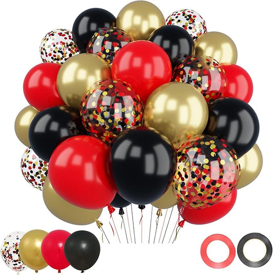 Patimate Red Black Gold Balloons Set, 50Pcs 12 Inch Red Black Metallic Gold Latex Balloon and Confetti Balloon for Casino Theme Party Birthday Graduation New Year Wedding Anniversary Party Decorations