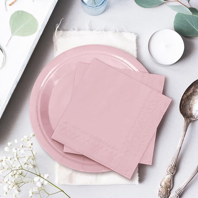 Whaline 100Pcs Dusty Pink Tableware Set Disposable Dinnerware Set 50Pcs Paper Plates 25Pcs Napkin 25Pcs Cups for Wedding Birthday Bride Shower Party Table Decor