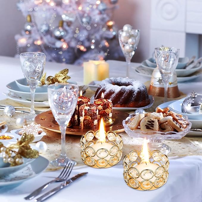 Potchen 30 Pieces Crystal Tealight Candle Holders Bulk, Votive Candle Holder Stands with Diamond Design for Table Centerpieces Wedding Party Home Decor and Holiday Favors (Gold)