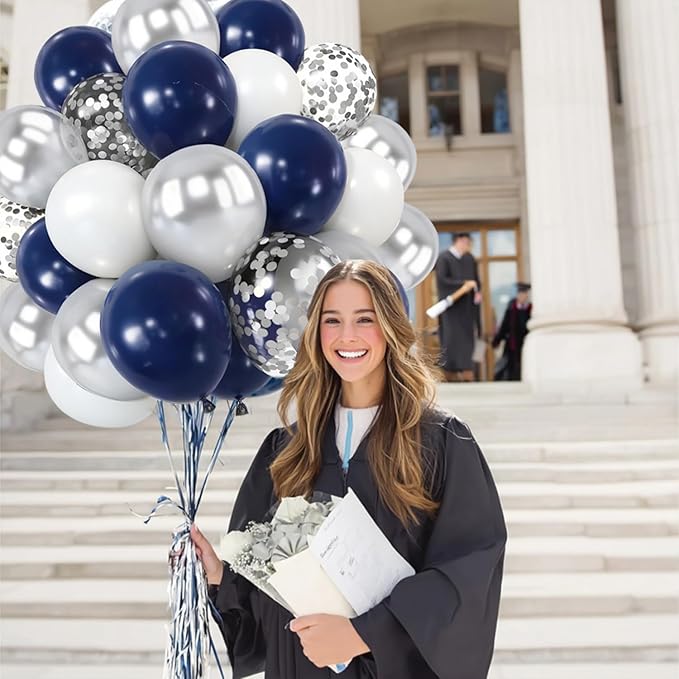 Zesliwy Navy Blue Silver Balloons Kit,50pcs 12inch Royal Dark Blue Metallic Silver White Balloon with Confetti Latex Balloon for Wedding Graduation 2026 Birthday Anniversary Party Decorations