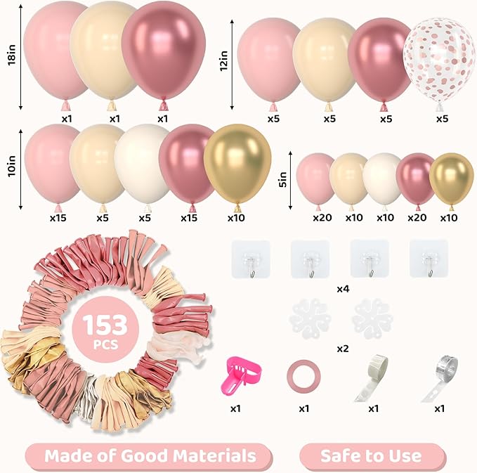 Amandir 153Pcs Boho Blush Balloon Arch Garland Kit, Different Sizes 18 12 10 5inch Nude Cream Peach Dusty Rose Pink Gold Confetti Balloon for Mothers Day Baby Shower Birthday Party Wedding Decorations
