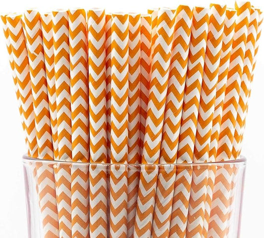 Pack of 300 Orange Chevron Biodegradable 4-Ply Paper Drinking Straws (Compostable, Non-toxic, BPA-free)