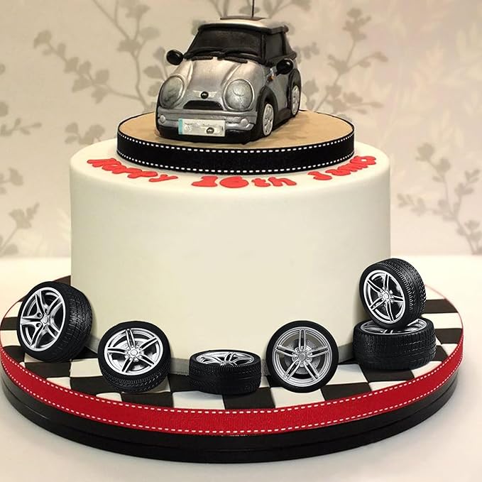13 Pcs Racing Cars Themed Birthday Candles, Black and White Checkered Birthday Cake Candles, Numeral 4 Candle Wheel Tire for Racing Car Party Decoration Theme Party Supplies