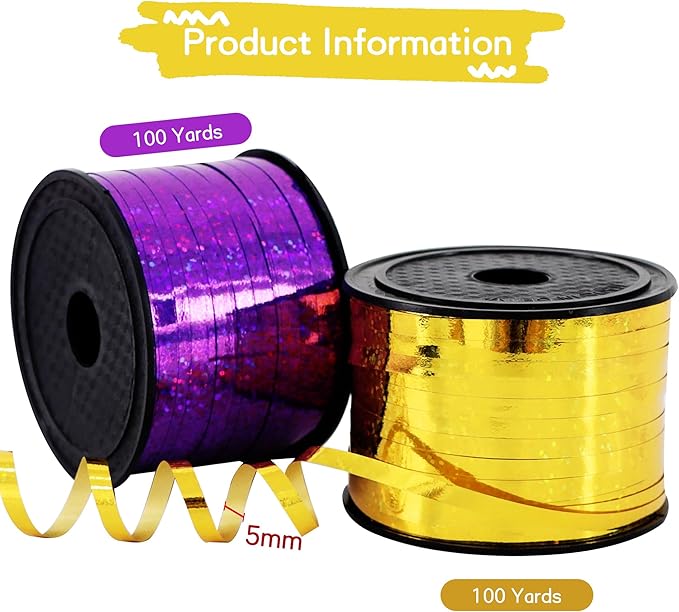 BEISHIDA 2 Pack 100 Yards Purple Gold Curling Crimped Glitter Ribbon Balloon String Shiny Metallic for Gift Wrapping Ribbon 2026 Graduation Wedding Birthday Party Decoration