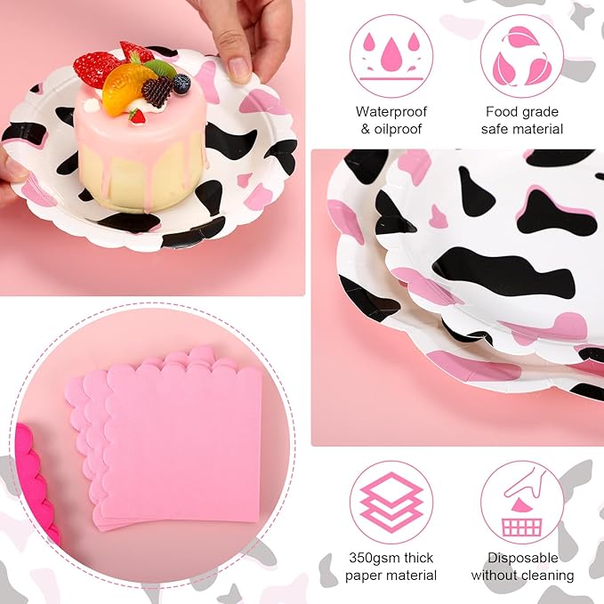 144 Pcs 48 Guests Cowgirl Party Plates and Napkins Sets Western Paper Plates and Napkins Pink Disco Disposable Tableware for Rodeo Birthday Bachelorette Western Wedding Tea Party Supplies