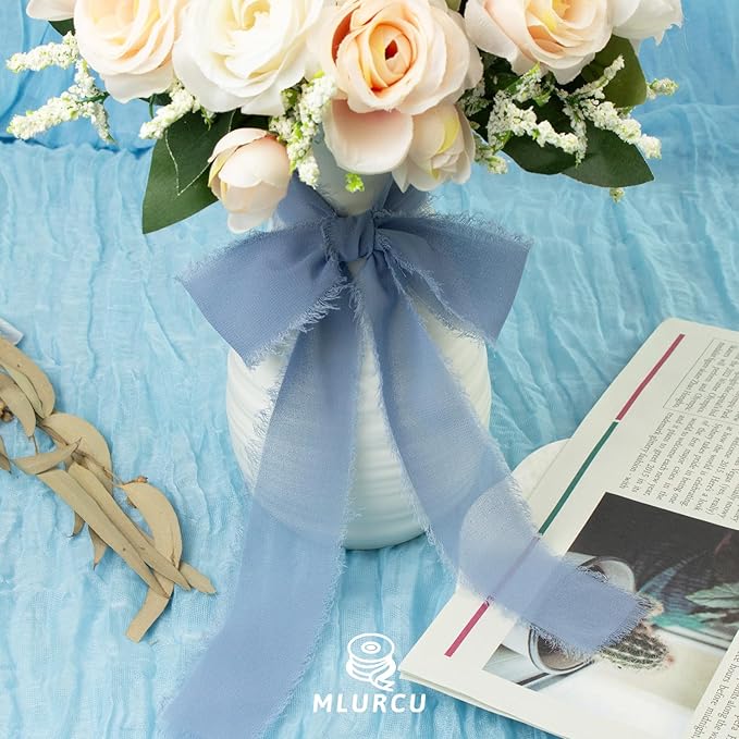Periwinkle Blue Chiffon Ribbon 1-1/2 Inch x 21Yards Dusty Blue Chiffon Silk Ribbon Handmade Fringe Boho Frayed Ribbon for Gift Wrapping, Wedding Invitation, Bridal Flower Bouquets
