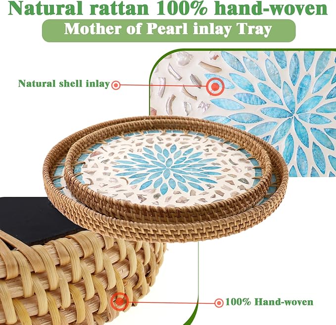 Round Rattan Tray with Mother of Pearl Inlay, Handwoven Wicker Coffee Table Serving Basket Tray for Fruit Snack Party Picnic Cafe Bedroom Kitchen Home Decor Set of 2 (Blue Star)