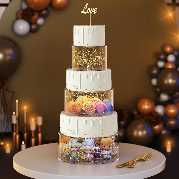 NPPLUS 3 Pcs Acrylic Cake Stand with lid, Clear Fillable Cake Tier, Round 3 Tier Cylinder Display Riser Display Box for Wedding Birthday Party Holiday Display