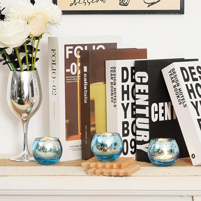 Homemory 24 Pcs Blue Votive Candle Holders, Round Mercury Glass Candle Holder, Tealight Candle Holders for Table Centerpieces, Baby Showe, Anniversary, Wedding, Home Decor, Halloween, Christmas