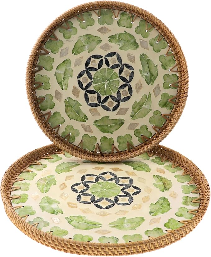 Round Rattan Tray with Mother of Pearl Inlay, Handwoven Wicker Coffee Table Serving Basket Tray for Fruit Snack Party Picnic Cafe Bedroom Kitchen Home Decor Set of 2 (Green Lucky Leaf)
