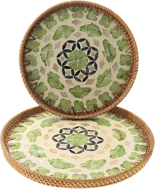 Round Rattan Tray with Mother of Pearl Inlay, Handwoven Wicker Coffee Table Serving Basket Tray for Fruit Snack Party Picnic Cafe Bedroom Kitchen Home Decor Set of 2 (Green Lucky Leaf)