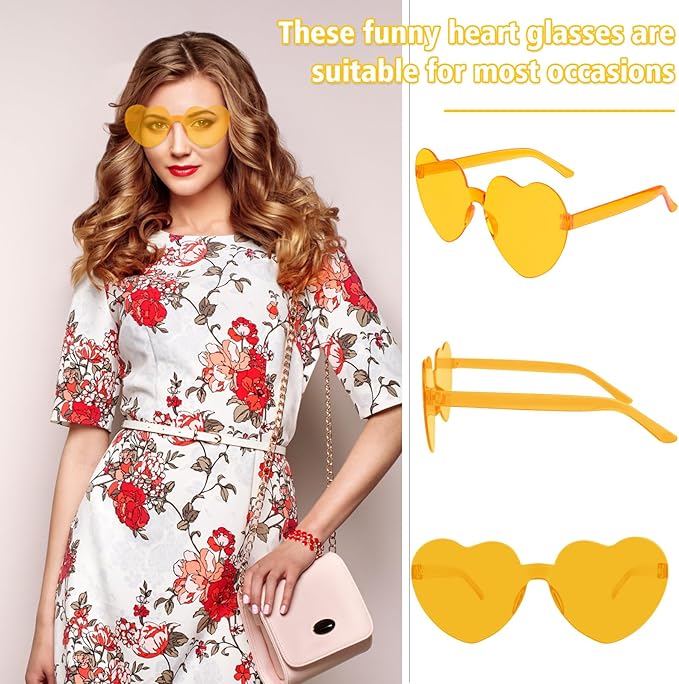 NACHLYNN 12 Pairs Yellow Heart Sunglasses for Women Rimless Heart Shaped Sunglasses Candy Heart Glasses for Party Favors