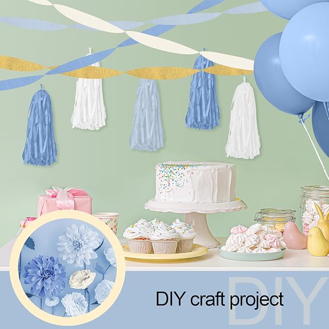 Kisston 10 Rolls Crepe Paper Streamers 820 Ft, Blue Light Blue White Gold Crepe Paper Decorations for Wedding Ceremony Birthday Party