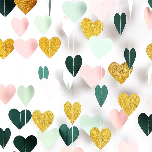Sage-Green Mint Pink-Gold Love-Heart Garland - 52Ft Rustic Wedding Hanging Decoration Streamers Banner,Valentines Mothers Day Bachelorette Bridal Shower Engagement Party Bunting Lasting Surprise