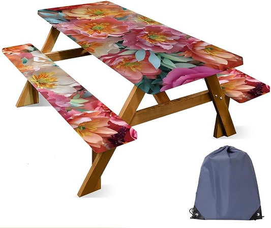 ANNA QUEEN 6FT Red Flowers Spring Picnic Table Cover with Bench Covers Picnic Table Cover Set 3PCS 72"x30", Outdoor Bench and Tablecloth Furniture Protection