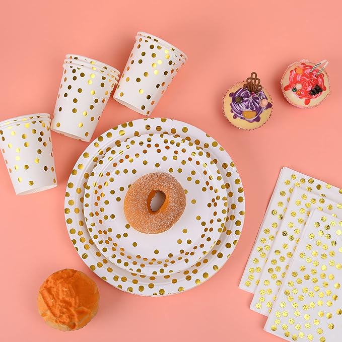 200Pcs Gold Party Supplies - Gold Paper Plates & Napkins Cups Silverware Serves 25 Sets for Wedding Bridal Shower Engagement Birthday Parties (Gold dot)