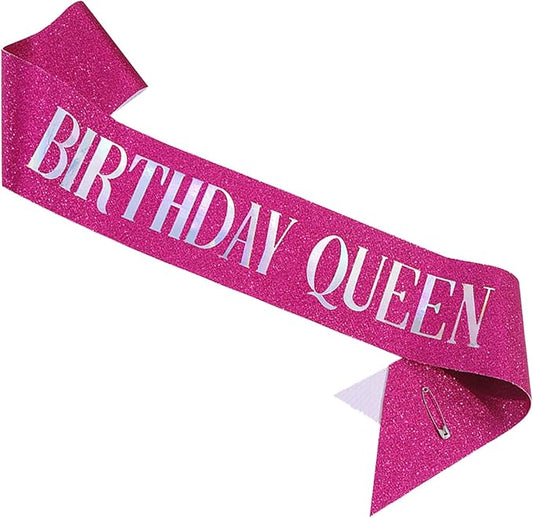 Birthday Queen Sash, Dazzle Foil Letter Glitter Hot Pink Birthday Sash for Women Girl 21st 30th 40th 50th 60th Gifts Funny Bday Gifts Party Favors Photo Prop