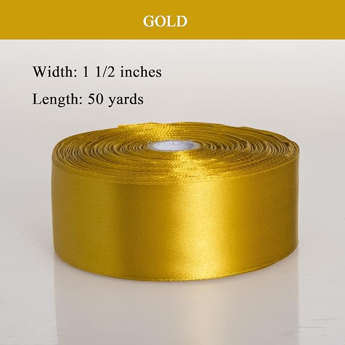YASEO 1 1/2 Inch Gold Solid Satin Ribbon, 50 Yards Craft Fabric Ribbon for Gift Wrapping Floral Bouquets Wedding Party Decoration