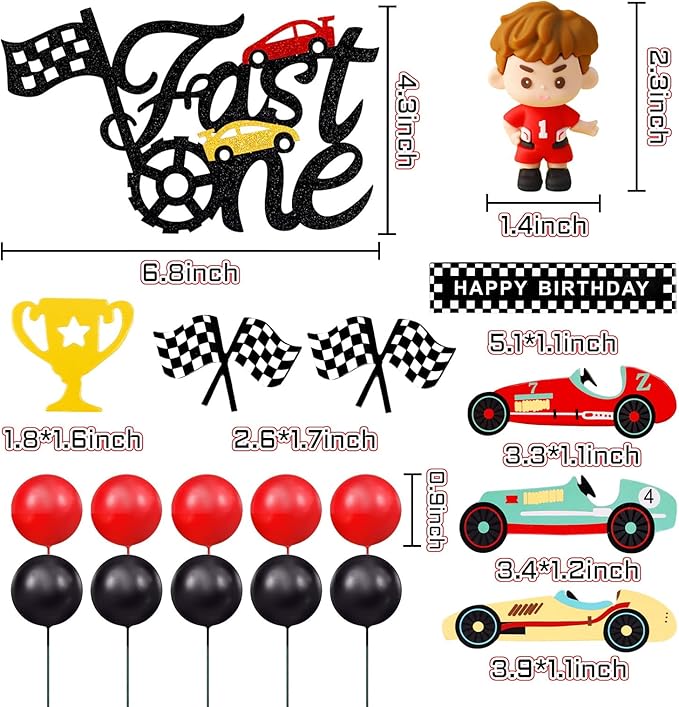 MEMOVAN Race Car Cake Topper Red Black Balls Cake Toppers Fast One Cake Decorations 1st Birthday Cake for Boy's Kids Racing Car Checkered Flag Themed BirthdayParty Favors